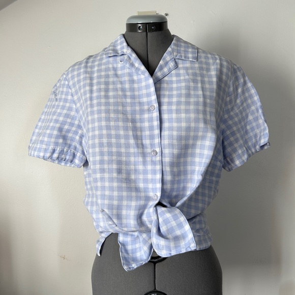 Vintage Gingham Linen Periwinkle Buttondown Shirt - Picture 1 of 8